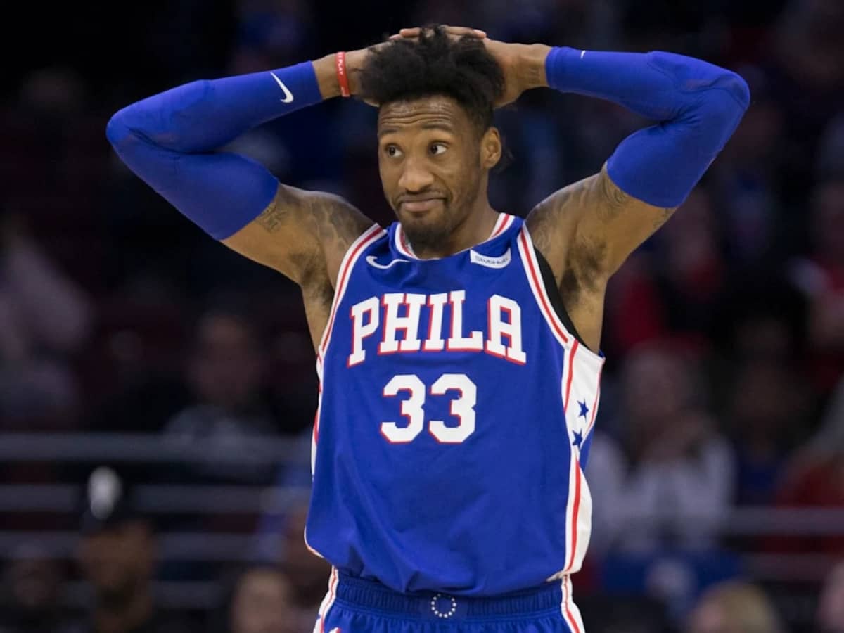 Robert Covington reacts during a Philadelphia 76ers game.