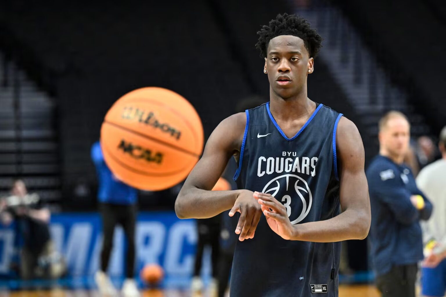 Mar 18, 2026; Portland, OR, USA; BYU Cougars forward AJ Dybantsa (3) passes the ball during a practice session ahead of the first round of the men's 2026 NCAA Tournament at Moda Center. Mandatory Credit: Craig Strobeck-Imagn Images