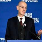 Jan 11, 2024; Paris, FRANCE; NBA commissioner Adam Silver speaks before a NBA Game between the Brooklyn Nets and the Cleveland Cavaliers at AccorHotels Arena. Mandatory Credit: Alexis Reau/Presse Sports via Imagn Images