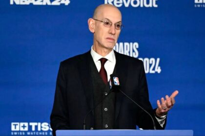 Jan 11, 2024; Paris, FRANCE; NBA commissioner Adam Silver speaks before a NBA Game between the Brooklyn Nets and the Cleveland Cavaliers at AccorHotels Arena. Mandatory Credit: Alexis Reau/Presse Sports via Imagn Images