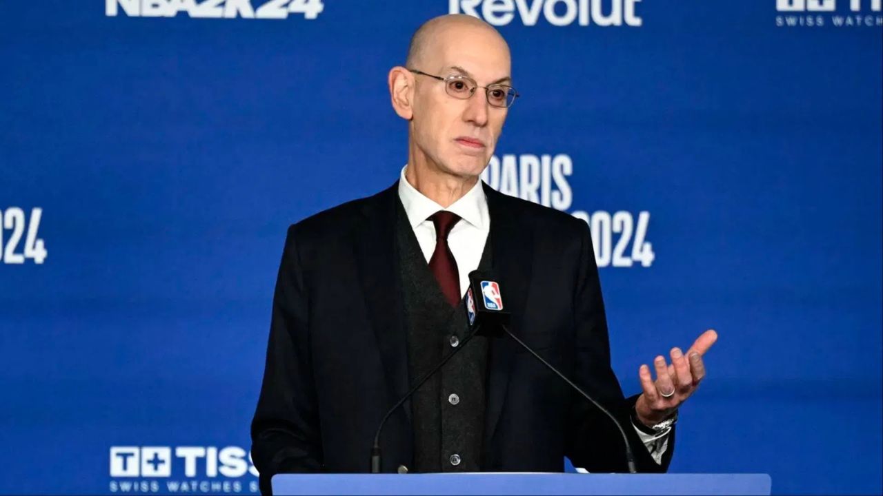 Jan 11, 2024; Paris, FRANCE; NBA commissioner Adam Silver speaks before a NBA Game between the Brooklyn Nets and the Cleveland Cavaliers at AccorHotels Arena. Mandatory Credit: Alexis Reau/Presse Sports via Imagn Images