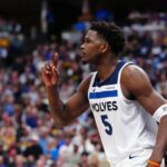 Apr 20, 2026; Denver, Colorado, USA; Minnesota Timberwolves guard Anthony Edwards (5) calls for a replay in the first half against the Denver Nuggets during game two of the first round of the 2026 NBA Playoffs at Ball Arena. Mandatory Credit: Ron Chenoy-Imagn Images