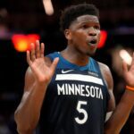 Mar 13, 2026; San Francisco, California, USA; Minnesota Timberwolves guard Anthony Edwards (5) reacts after the Timberwolves were called for a foul against the Golden State Warriors in the fourth quarter at the Chase Center. Mandatory Credit: Cary Edmondson-Imagn Images