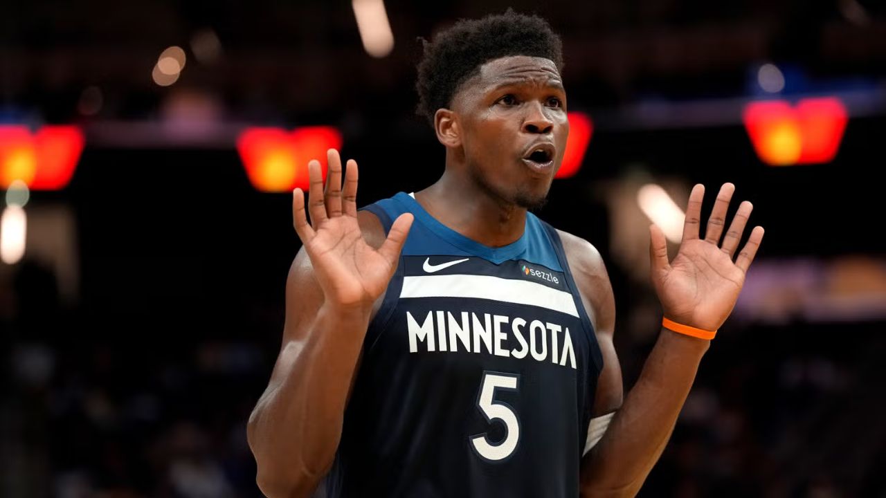 Mar 13, 2026; San Francisco, California, USA; Minnesota Timberwolves guard Anthony Edwards (5) reacts after the Timberwolves were called for a foul against the Golden State Warriors in the fourth quarter at the Chase Center. Mandatory Credit: Cary Edmondson-Imagn Images