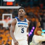May 4, 2026; San Antonio, Texas, USA; Minnesota Timberwolves guard Anthony Edwards (5) walks up the court in the first half against the San Antonio Spurs during game one of the second round of the 2026 NBA Playoffs at Frost Bank Center. Credit: Daniel Dunn-Imagn Images