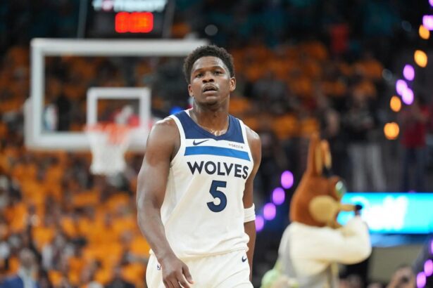 May 4, 2026; San Antonio, Texas, USA; Minnesota Timberwolves guard Anthony Edwards (5) walks up the court in the first half against the San Antonio Spurs during game one of the second round of the 2026 NBA Playoffs at Frost Bank Center. Credit: Daniel Dunn-Imagn Images