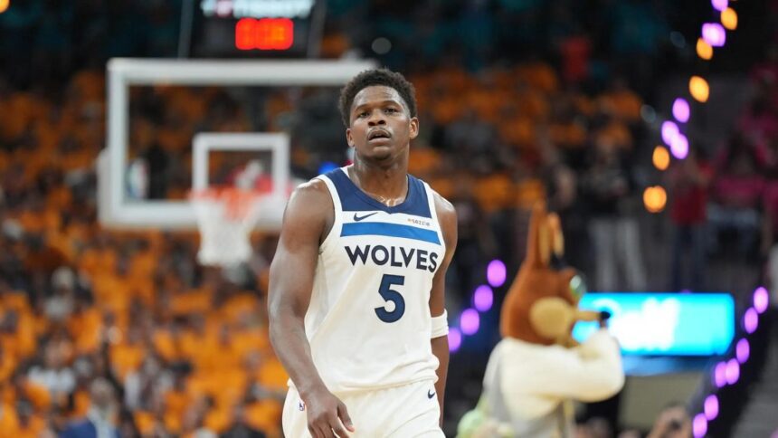 May 4, 2026; San Antonio, Texas, USA; Minnesota Timberwolves guard Anthony Edwards (5) walks up the court in the first half against the San Antonio Spurs during game one of the second round of the 2026 NBA Playoffs at Frost Bank Center. Credit: Daniel Dunn-Imagn Images