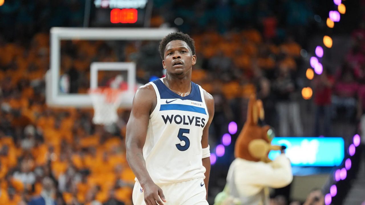 May 4, 2026; San Antonio, Texas, USA; Minnesota Timberwolves guard Anthony Edwards (5) walks up the court in the first half against the San Antonio Spurs during game one of the second round of the 2026 NBA Playoffs at Frost Bank Center. Credit: Daniel Dunn-Imagn Images