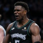 Nov 30, 2025; Minneapolis, Minnesota, USA; Minnesota Timberwolves guard Anthony Edwards (5) celebrates his basket against the San Antonio Spurs during the second half at Target Center. Mandatory Credit: Matt Krohn-Imagn Images