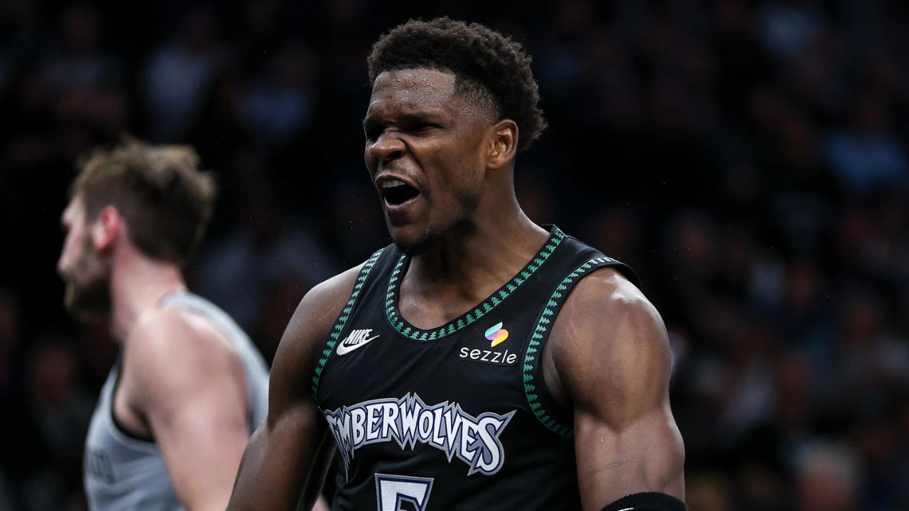 Nov 30, 2025; Minneapolis, Minnesota, USA; Minnesota Timberwolves guard Anthony Edwards (5) celebrates his basket against the San Antonio Spurs during the second half at Target Center. Mandatory Credit: Matt Krohn-Imagn Images