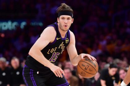 May 11, 2026; Los Angeles, California, USA; Los Angeles Lakers guard Austin Reaves (15) moves the ball against Oklahoma City Thunder forward Jaylin Williams (6) during the first half in game four of the second round of the 2026 NBA Playoffs at Crypto.com Arena. Mandatory Credit: Gary A. Vasquez-Imagn Images