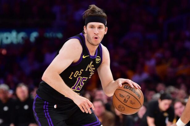 May 11, 2026; Los Angeles, California, USA; Los Angeles Lakers guard Austin Reaves (15) moves the ball against Oklahoma City Thunder forward Jaylin Williams (6) during the first half in game four of the second round of the 2026 NBA Playoffs at Crypto.com Arena. Mandatory Credit: Gary A. Vasquez-Imagn Images