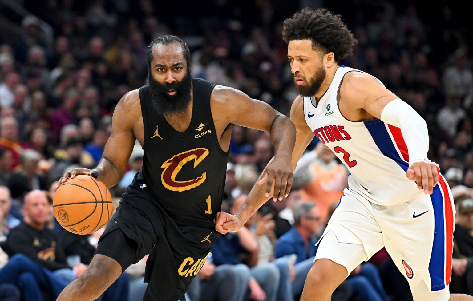 CLEVELAND, OHIO - MARCH 03: James Harden #1 of the Cleveland Cavaliers drives to the basket around Cade Cunningham #2 of the Detroit Pistons during the fourth quarter at Rocket Arena on March 03, 2026 in Cleveland, Ohio. The Cavaliers defeated the Pistons 113-109. NOTE TO USER: User expressly acknowledges and agrees that, by downloading and or using this photograph, User is consenting to the terms and conditions of the Getty Images License Agreement. (Photo by Jason Miller/Getty Images)