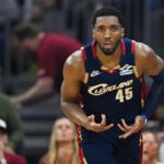 May 23, 2026; Cleveland, Ohio, USA; Cleveland Cavaliers guard Donovan Mitchell (45) reacts in the third quarter against the New York Knicks during game three of the eastern conference finals for the 2026 NBA playoffs at Rocket Arena. Mandatory Credit: David Richard-Imagn Images