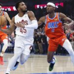 Nov 8, 2023; Oklahoma City, Oklahoma, USA; Cleveland Cavaliers guard Donovan Mitchell (45) drives to the basket against Oklahoma City Thunder guard Shai Gilgeous-Alexander (2) during the first quarter at Paycom Center. Mandatory Credit: Alonzo Adams-Imagn Images