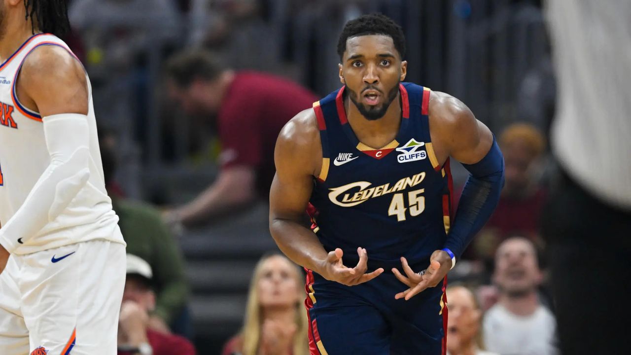 May 23, 2026; Cleveland, Ohio, USA; Cleveland Cavaliers guard Donovan Mitchell (45) reacts in the third quarter against the New York Knicks during game three of the eastern conference finals for the 2026 NBA playoffs at Rocket Arena. Mandatory Credit: David Richard-Imagn Images