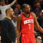 Apr 7, 2026; Phoenix, Arizona, USA; Houston Rockets head coach Ime Udoka with forward Kevin Durant (7) against the Phoenix Suns at Mortgage Matchup Center. Mandatory Credit: Mark J. Rebilas-Imagn Images