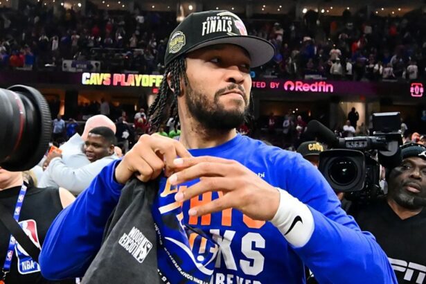 May 25, 2026; Cleveland, Ohio, USA;New York Knicks guard Jalen Brunson (11) looks on after defeating the Cleveland Cavaliers in game four of the eastern conference finals for the 2026 NBA playoffs at Rocket Arena. Mandatory Credit: Ken Blaze-Imagn Images