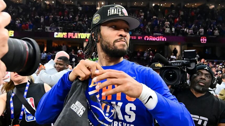 May 25, 2026; Cleveland, Ohio, USA; New York Knicks guard Jalen Brunson (11) looks on after defeating the Cleveland Cavaliers in game four of the eastern conference finals for the 2026 NBA playoffs at Rocket Arena. Mandatory Credit: Ken Blaze-Imagn Images