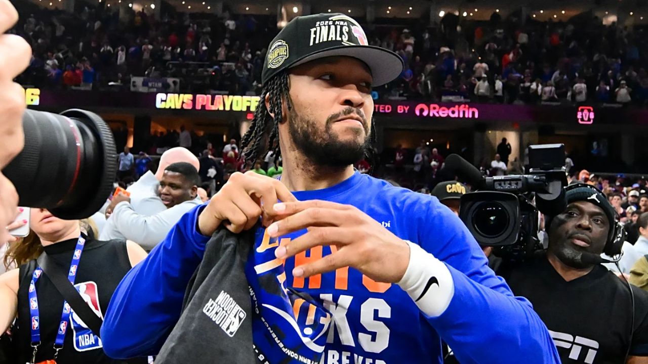 May 25, 2026; Cleveland, Ohio, USA;New York Knicks guard Jalen Brunson (11) looks on after defeating the Cleveland Cavaliers in game four of the eastern conference finals for the 2026 NBA playoffs at Rocket Arena. Mandatory Credit: Ken Blaze-Imagn Images