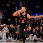 Jan 27, 2026; New York, New York, USA; New York Knicks guard Jalen Brunson (11) celebrates his three point shot against the Sacramento Kings during the fourth quarter at Madison Square Garden. Mandatory Credit: Brad Penner-Imagn Images