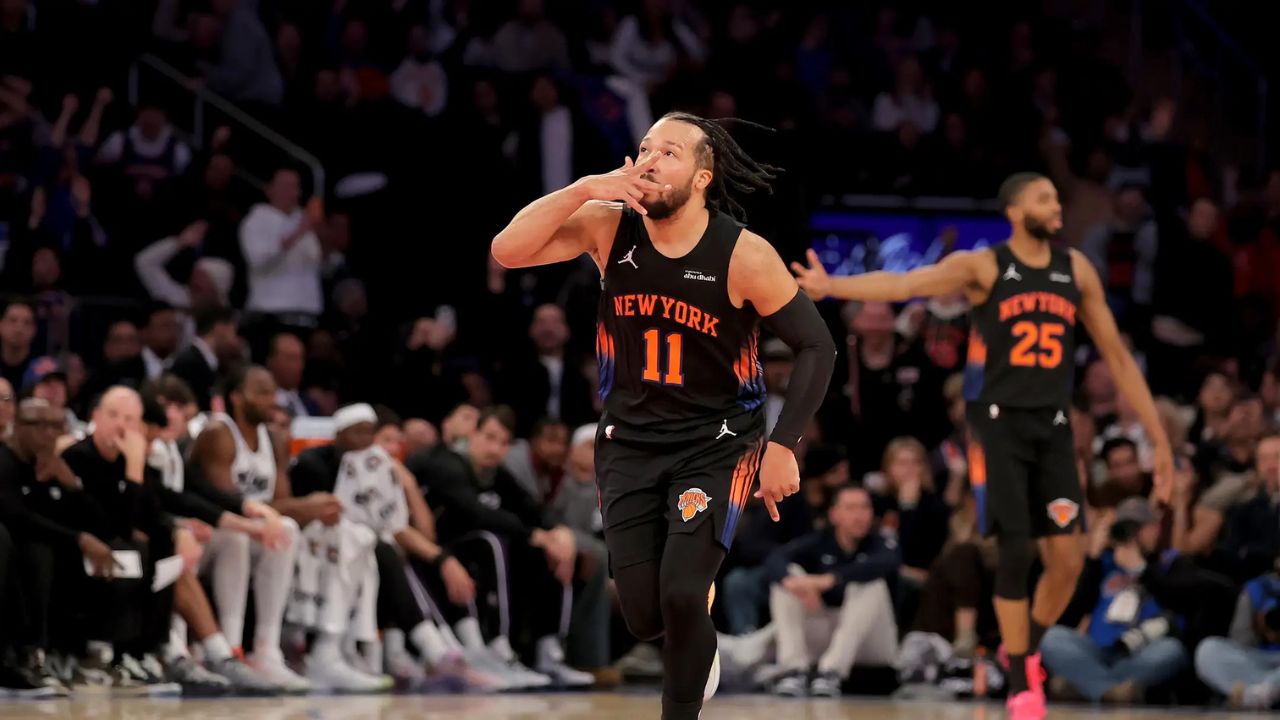 Jan 27, 2026; New York, New York, USA; New York Knicks guard Jalen Brunson (11) celebrates his three point shot against the Sacramento Kings during the fourth quarter at Madison Square Garden. Mandatory Credit: Brad Penner-Imagn Images