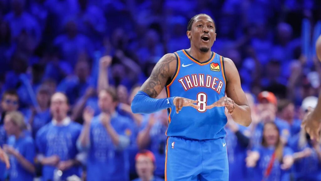 May 18, 2026; Oklahoma City, Oklahoma, USA; Oklahoma City Thunder forward Jalen Williams (8) reacts to a shot by forward Luguentz Dort (5) in the third quarter against San Antonio Spurs during game one of the western conference finals for the 2026 NBA playoffs at Paycom Center. Mandatory Credit: Alonzo Adams-Imagn Images