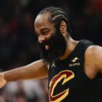 May 3, 2026; Cleveland, Ohio, USA; Cleveland Cavaliers guard James Harden (1) reacts after a play against the Toronto Raptors during the second half of game seven in the first round of the 2026 NBA Playoffs at Rocket Arena. Mandatory Credit: Ken Blaze-Imagn Images