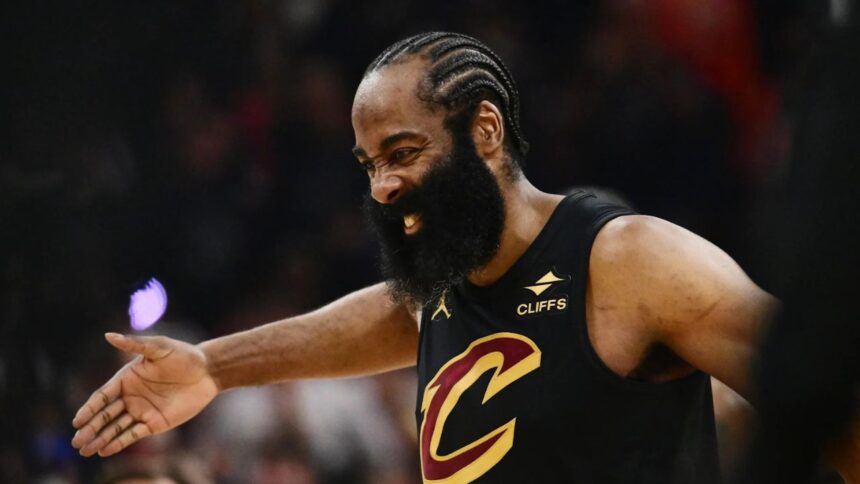 May 3, 2026; Cleveland, Ohio, USA; Cleveland Cavaliers guard James Harden (1) reacts after a play against the Toronto Raptors during the second half of game seven in the first round of the 2026 NBA Playoffs at Rocket Arena. Mandatory Credit: Ken Blaze-Imagn Images