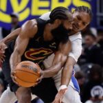 Cleveland Cavaliers PG James Harden is defended by Detroit Pistons wing Ausar Thompson during Game 1 of the 2026 Eastern Conference Semifinals. (Rick Osentoski-Imagn Images)