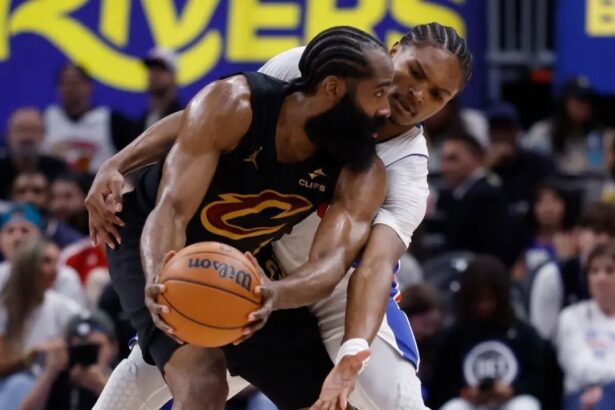 Cleveland Cavaliers PG James Harden is defended by Detroit Pistons wing Ausar Thompson during Game 1 of the 2026 Eastern Conference Semifinals. (Rick Osentoski-Imagn Images)
