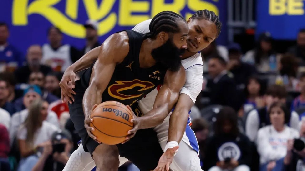 Cleveland Cavaliers PG James Harden is defended by Detroit Pistons wing Ausar Thompson during Game 1 of the 2026 Eastern Conference Semifinals. (Rick Osentoski-Imagn Images)