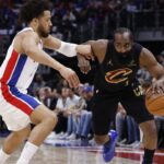 May 7, 2026; Detroit, Michigan, USA; Cleveland Cavaliers guard James Harden (1) dribbles defended by Detroit Pistons guard Cade Cunningham (2) in the first half during game two of the second round of the 2026 NBA Playoffs at Little Caesars Arena. Mandatory Credit: Rick Osentoski-Imagn Images