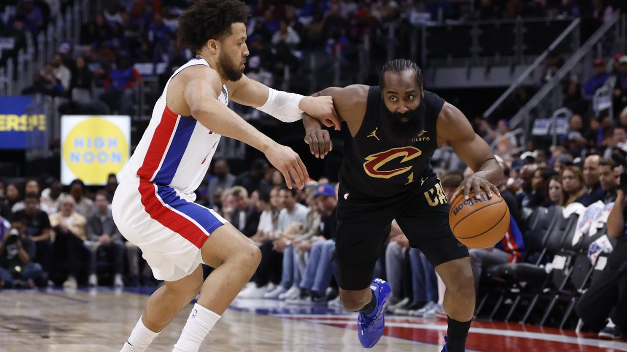 May 7, 2026; Detroit, Michigan, USA; Cleveland Cavaliers guard James Harden (1) dribbles defended by Detroit Pistons guard Cade Cunningham (2) in the first half during game two of the second round of the 2026 NBA Playoffs at Little Caesars Arena. Mandatory Credit: Rick Osentoski-Imagn Images