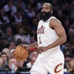 May 21, 2026; New York, New York, USA; Cleveland Cavaliers guard James Harden (1) controls the ball against the New York Knicks during the second quarter of game two of the eastern conference finals of the 2026 NBA playoffs at Madison Square Garden. Mandatory Credit: Vincent Carchietta-Imagn Images
