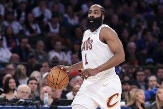 May 21, 2026; New York, New York, USA; Cleveland Cavaliers guard James Harden (1) controls the ball against the New York Knicks during the second quarter of game two of the eastern conference finals of the 2026 NBA playoffs at Madison Square Garden. Mandatory Credit: Vincent Carchietta-Imagn Images