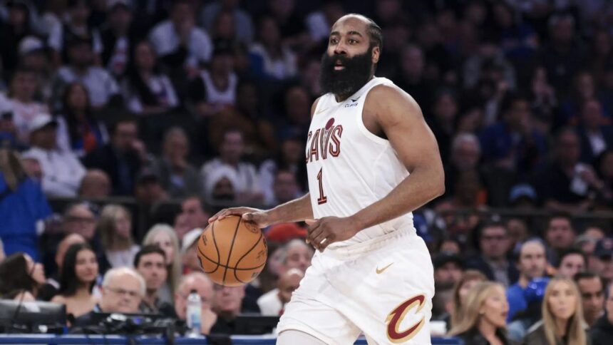 May 21, 2026; New York, New York, USA; Cleveland Cavaliers guard James Harden (1) controls the ball against the New York Knicks during the second quarter of game two of the eastern conference finals of the 2026 NBA playoffs at Madison Square Garden. Mandatory Credit: Vincent Carchietta-Imagn Images