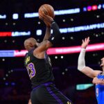 May 11, 2026; Los Angeles, California, USA; Los Angeles Lakers forward LeBron James (23) shoots against Oklahoma City Thunder guard Alex Caruso (9) during the first half in game four of the second round of the 2026 NBA Playoffs at Crypto.com Arena. Mandatory Credit: Gary A. Vasquez-Imagn Images