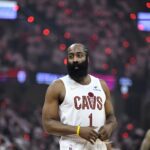Apr 29, 2026; Cleveland, Ohio, USA; Cleveland Cavaliers guard James Harden (1) stands on the court before game five of the first round of the 2026 NBA Playoffs against the Toronto Raptors at Rocket Arena. Mandatory Credit: David Richard-Imagn Images