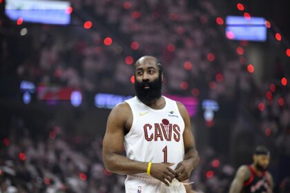 Apr 29, 2026; Cleveland, Ohio, USA; Cleveland Cavaliers guard James Harden (1) stands on the court before game five of the first round of the 2026 NBA Playoffs against the Toronto Raptors at Rocket Arena. Mandatory Credit: David Richard-Imagn Images