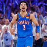May 20, 2026; Oklahoma City, Oklahoma, USA; Oklahoma City Thunder guard Jared McCain (3) reacts to a play during the fourth quarter against the San Antonio Spurs during game two of the western conference finals for the 2026 NBA playoffs at Paycom Center. Mandatory Credit: Alonzo Adams-Imagn Images