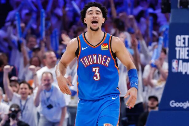 May 20, 2026; Oklahoma City, Oklahoma, USA; Oklahoma City Thunder guard Jared McCain (3) reacts to a play during the fourth quarter against the San Antonio Spurs during game two of the western conference finals for the 2026 NBA playoffs at Paycom Center. Mandatory Credit: Alonzo Adams-Imagn Images