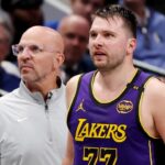 DALLAS, TEXAS - APRIL 09: Head coach Jason Kidd of the Dallas Mavericks and Luka Doncic #77 of the Los Angeles Lakers look on during the third quarter at American Airlines Center on April 09, 2025 in Dallas, Texas. (Photo by Sam Hodde/Getty Images)