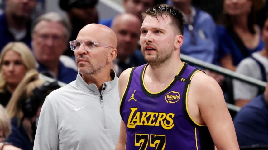 DALLAS, TEXAS - APRIL 09: Head coach Jason Kidd of the Dallas Mavericks and Luka Doncic #77 of the Los Angeles Lakers look on during the third quarter at American Airlines Center on April 09, 2025 in Dallas, Texas. (Photo by Sam Hodde/Getty Images)