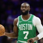 Apr 30, 2026; Philadelphia, Pennsylvania, USA; Boston Celtics guard Jaylen Brown (7) dribbles the ball against the Philadelphia 76ers during the first quarter at Xfinity Mobile Arena. Mandatory Credit: Bill Streicher-Imagn Images