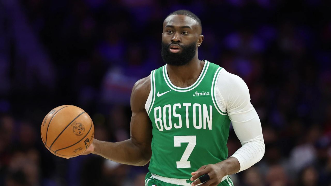 Apr 30, 2026; Philadelphia, Pennsylvania, USA; Boston Celtics guard Jaylen Brown (7) dribbles the ball against the Philadelphia 76ers during the first quarter at Xfinity Mobile Arena. Mandatory Credit: Bill Streicher-Imagn Images