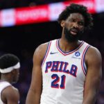 May 10, 2026; Philadelphia, Pennsylvania, USA; Philadelphia 76ers center Joel Embiid (21) reacts against the New York Knicks in the second quarter during game four of the second round of the 2026 NBA Playoffs at Xfinity Mobile Arena. Mandatory Credit: Kyle Ross-Imagn Images