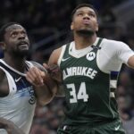 Apr 8, 2025; Milwaukee, Wisconsin, USA; Minnesota Timberwolves forward Julius Randle (30) and Milwaukee Bucks forward Giannis Antetokounmpo (34) could wind up traded for one another in a blockbuster deal prior to the Feb. 5 trade deadline. Mandatory Credit: Michael McLoone-Imagn Images