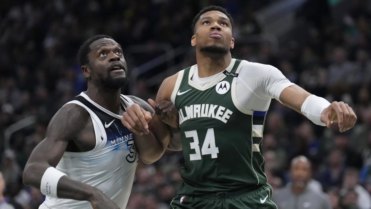 Apr 8, 2025; Milwaukee, Wisconsin, USA; Minnesota Timberwolves forward Julius Randle (30) and Milwaukee Bucks forward Giannis Antetokounmpo (34) could wind up traded for one another in a blockbuster deal prior to the Feb. 5 trade deadline. Mandatory Credit: Michael McLoone-Imagn Images