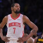 Apr 21, 2026; Los Angeles, California, USA; Houston Rockets forward Kevin Durant (7) looks on from the court during the final minutes of game two of the first round of the 2026 NBA Playoffs at against the Los Angeles Lakers at Crypto.com Arena. Mandatory Credit: Jayne Kamin-Oncea-Imagn Images